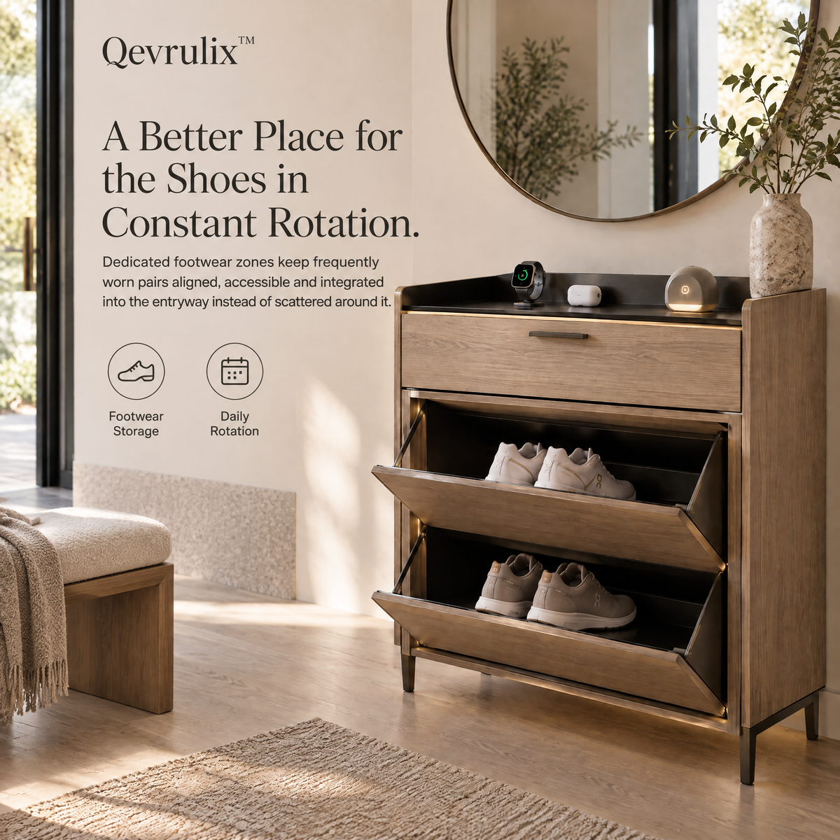Qevrulix™ Motion-Charging Shoe Cabinet