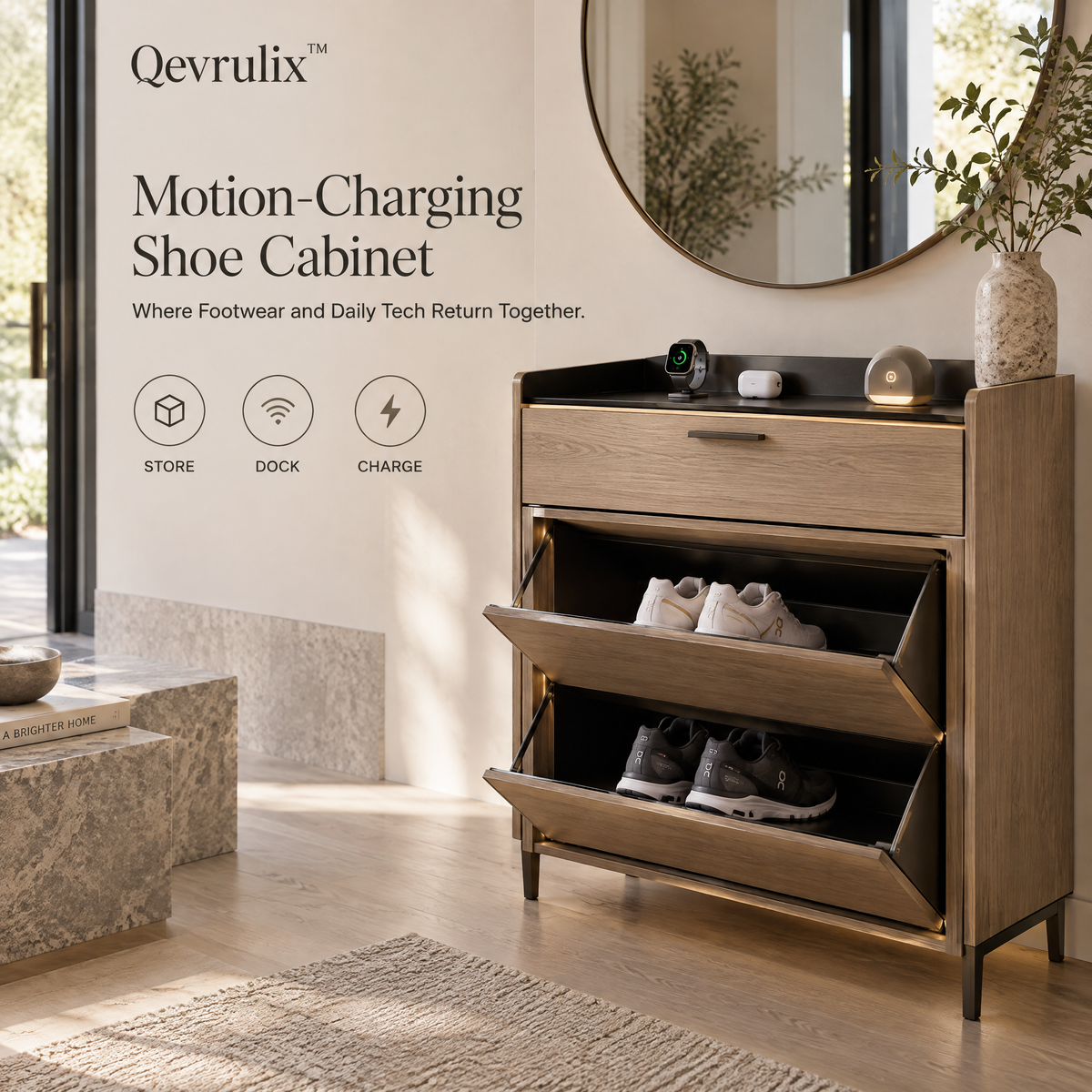 Qevrulix™ Motion-Charging Shoe Cabinet